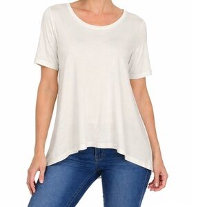 CY Fashion Embroidered Short Sleeve V-Neck Back Hi-Lo Ultra Soft Tee (NWT)